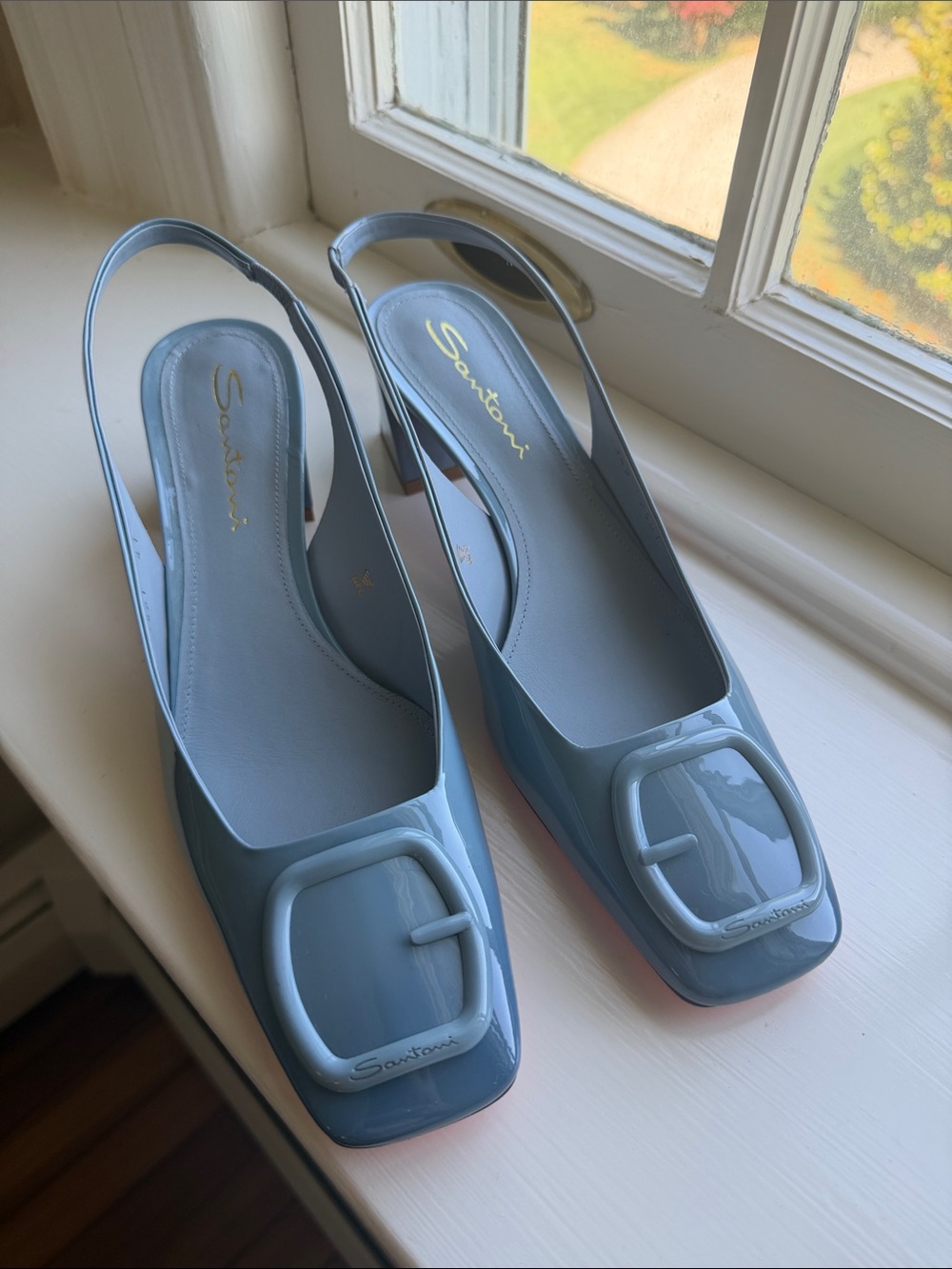 Santoni Light Blue Patent Leather Slingback Pumps with Buckle Accent
